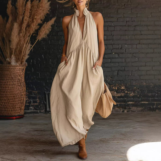 Robe longue de vacances unie sans manches à col montant