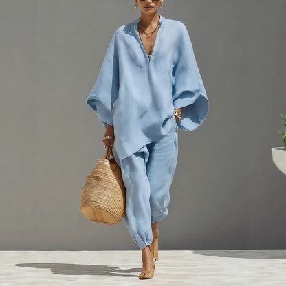 Ensemble lin neutre pour femme avec ourlet asymétrique & design minimaliste, ensemble de style décontracté‑quotidien sophistiqué