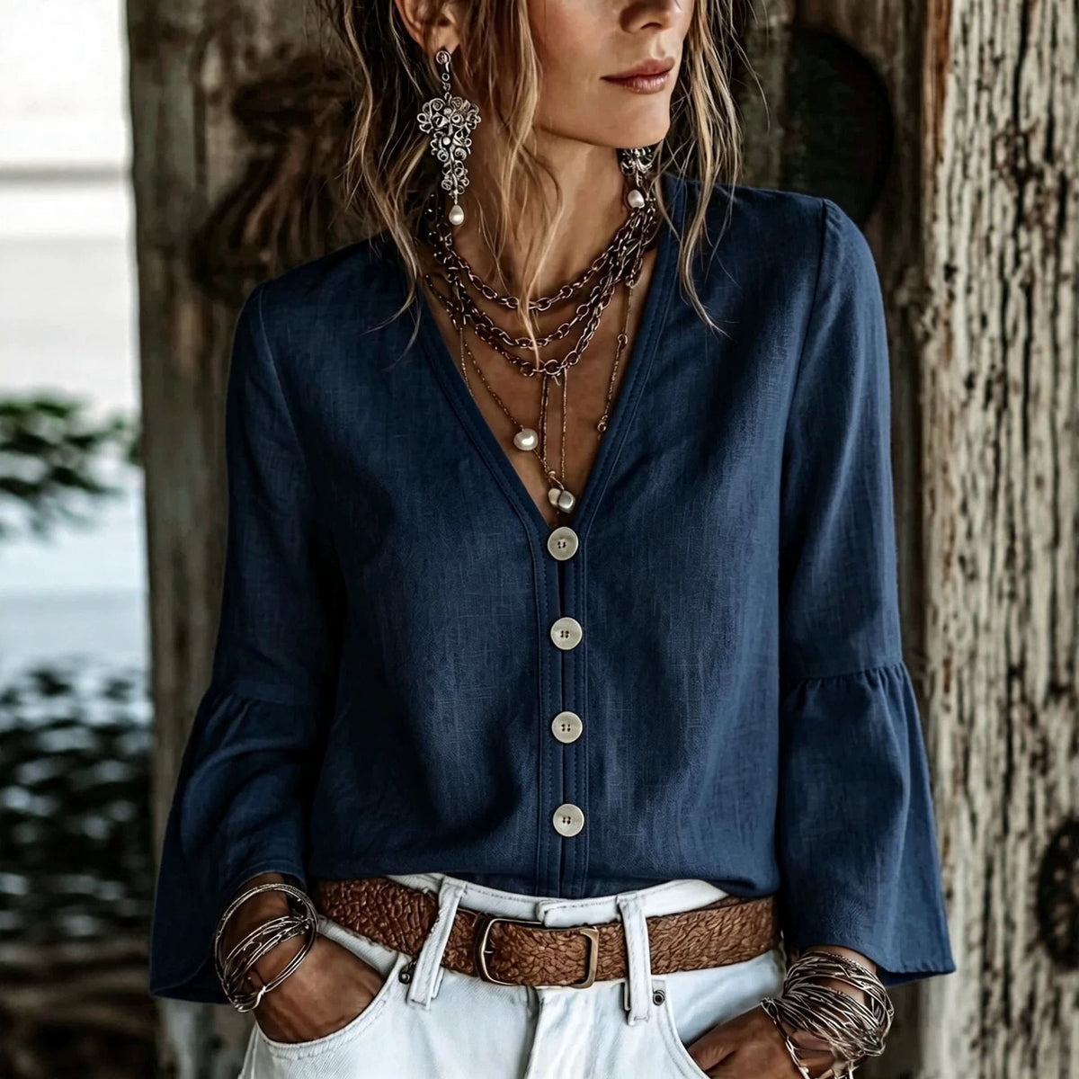 V-Neck Button-Front Bell Sleeve Blouse