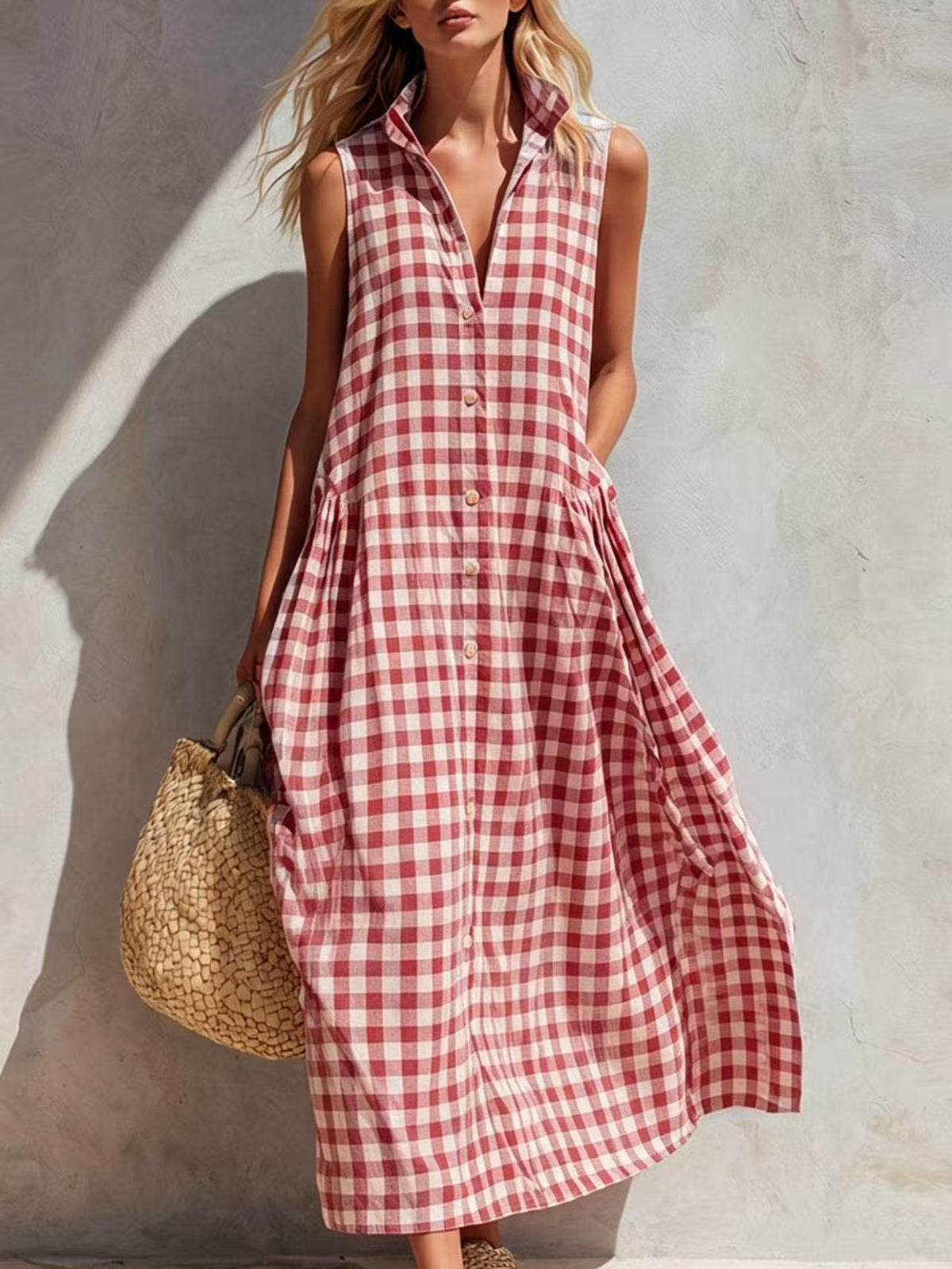 Women's Summer Resort Seaside Plaid Sleeveless Loose Long Dress