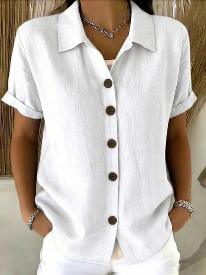Chemise en lin à manches courtes pour femme, à col rabattu