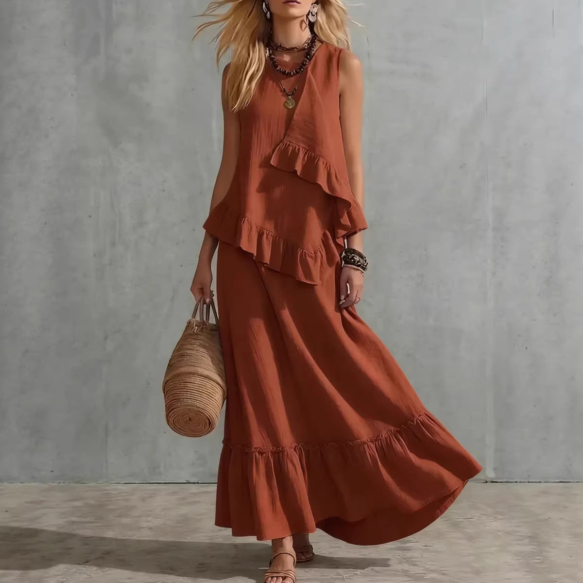 Asymmetrical Ruffle Sleeveless Textured Maxi Dress, Flowy Loose Summer Resort Long Dress