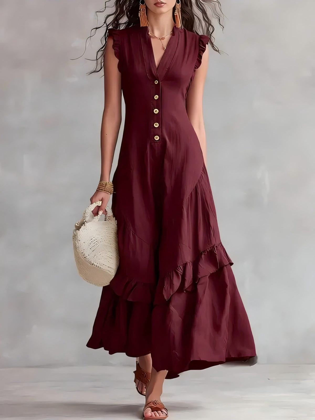 Robe longue sans manches à volants à col V