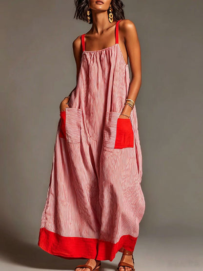 Women's Vacation Linen-Cotton Striped Color Block Spaghetti Strap Maxi Dress with Pockets