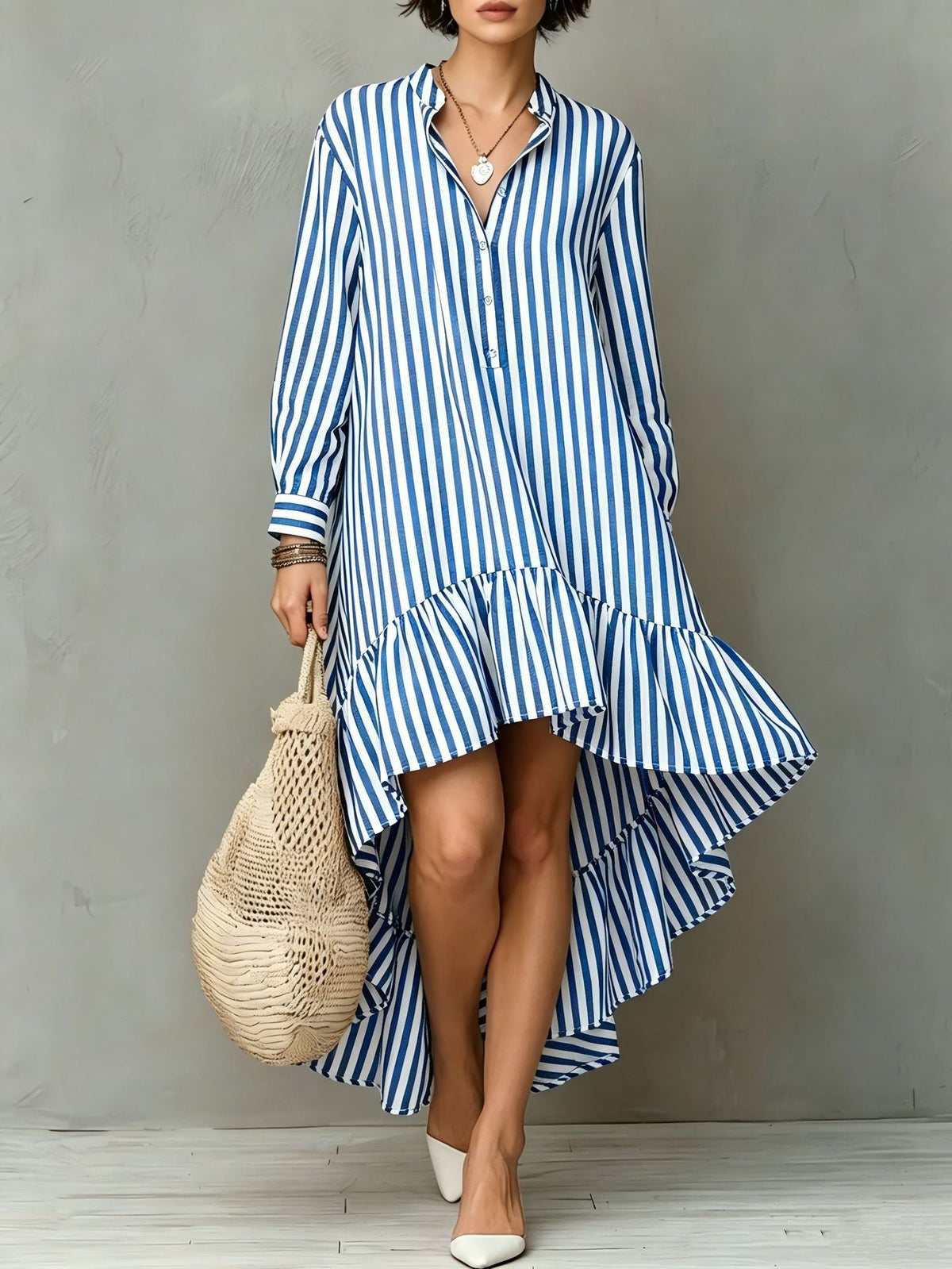 Vertical Stripe Long Sleeve Hi-Lo Ruffle Hem Shirt Midi Dress