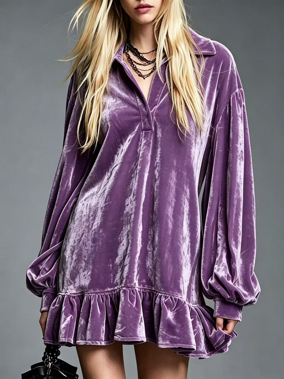 Velvet Ruffle Hem Mini Dress Women Lapel Long Sleeve Loose Casual Tunic Dress