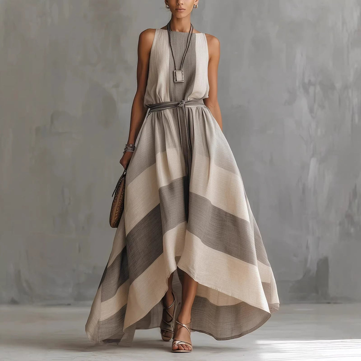 Robe maxi sans manches rayée en mélange de lin