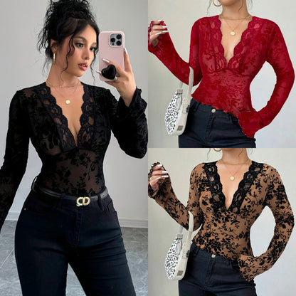T‑shirt haut pour femme à col V en dentelle et résille avec manches évasées, nouvelle collection printemps 2026 pour femme
