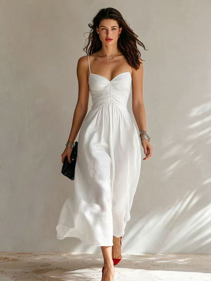 Linen Spaghetti Strap Sweetheart Ruched Bust Flowy Midi Dress