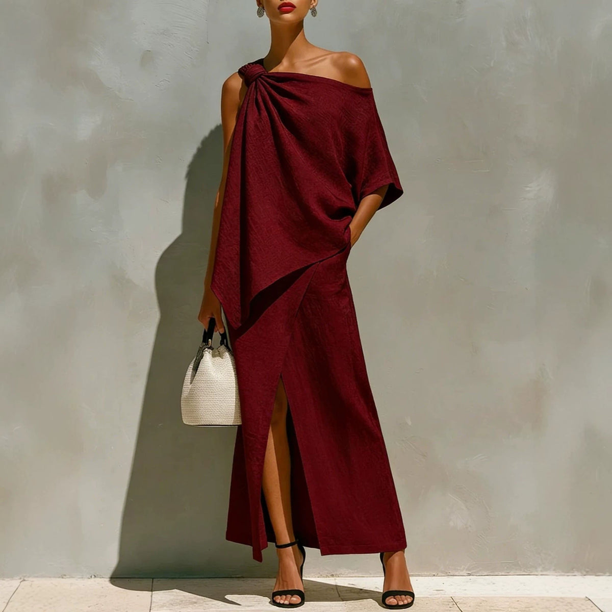Asymmetric Knot Linen Two-Piece White Set