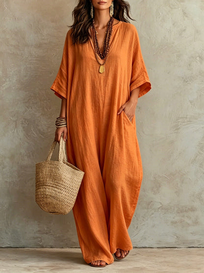 Robe Kaftan Longue Ample en Mélange de Lin à Manches Courtes Col V et Poches