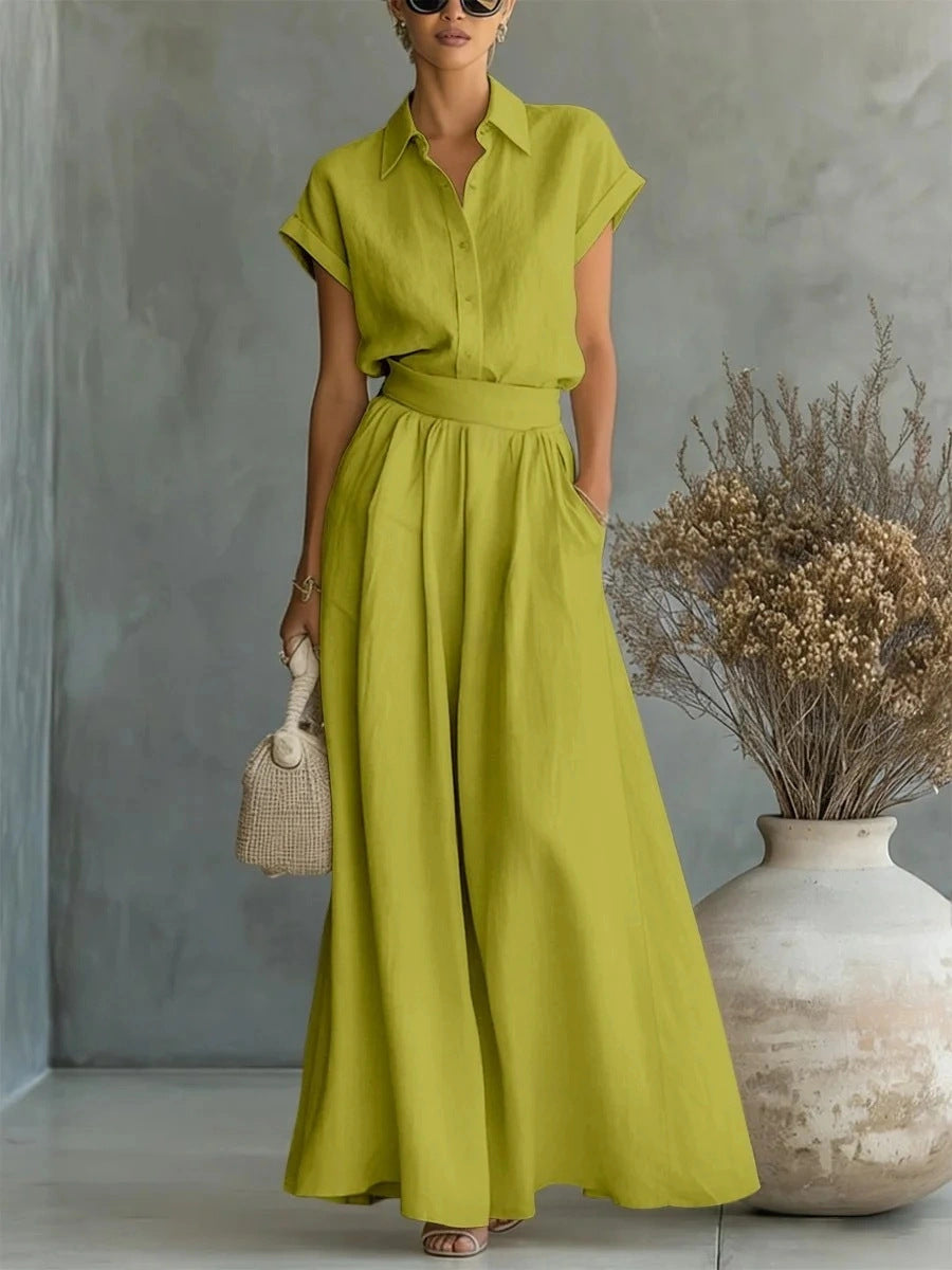 Cap Sleeve Collared Shirt & High Waist Wide Leg Pants Two Piece Set