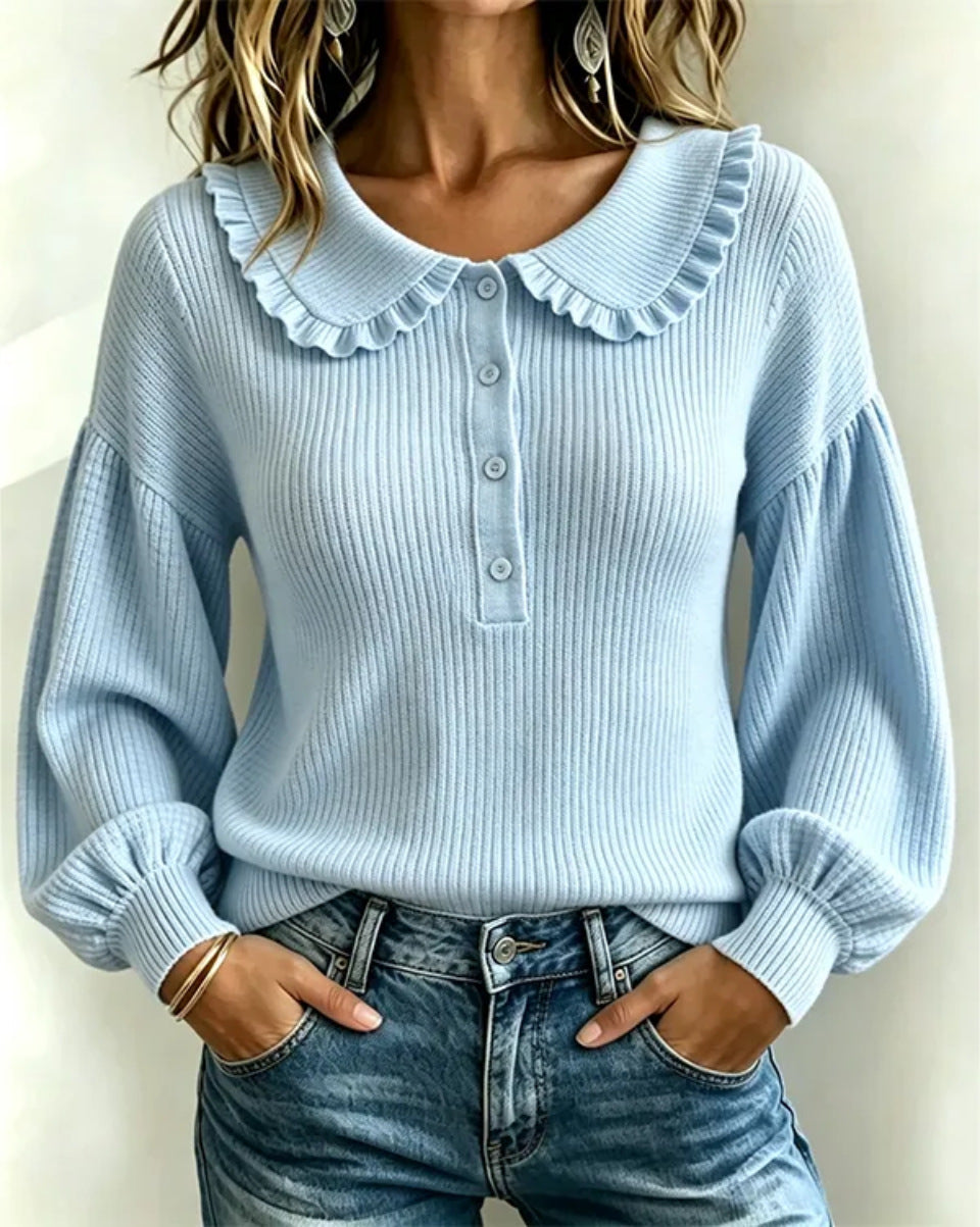 Women's Ruffle Collar Ribbed Knit Sweater