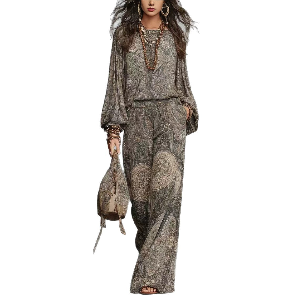 Vintage Paisley Print Long Sleeve Blouse & High Waist Wide Leg Pants 2 Piece Boho Co-Ord Set