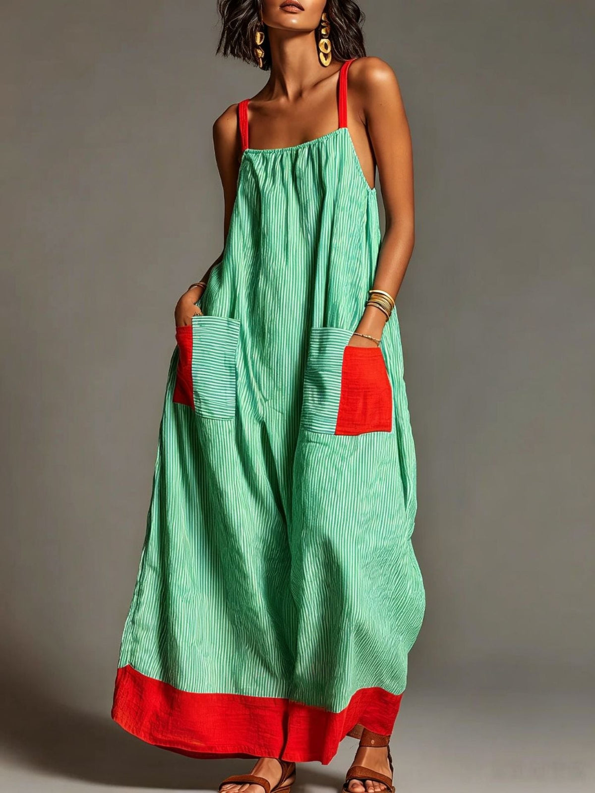 Women's Vacation Linen-Cotton Striped Color Block Spaghetti Strap Maxi Dress with Pockets