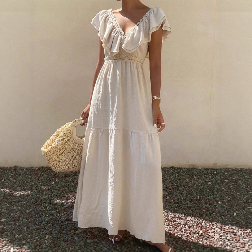 Women Solid V Neck Flutter Sleeve Loose Tiered Flowy Maxi Dress For Summer Vacation