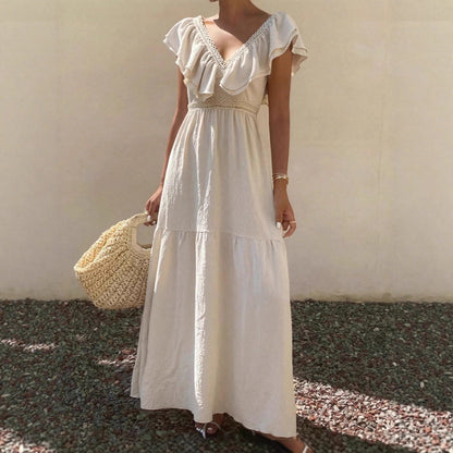Women Solid V Neck Flutter Sleeve Loose Tiered Flowy Maxi Dress For Summer Vacation