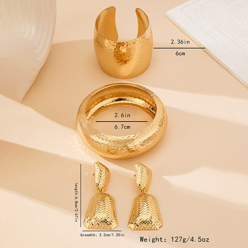 Hammered Textured Gold Jewelry 3-Piece Set | Drop Earrings + Wide Cuff Bangle + Dome Bracelet - T493