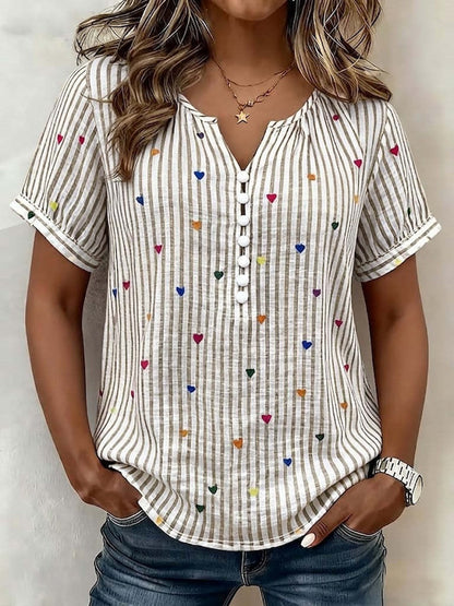 Colorful Heart Striped Henley Blouse