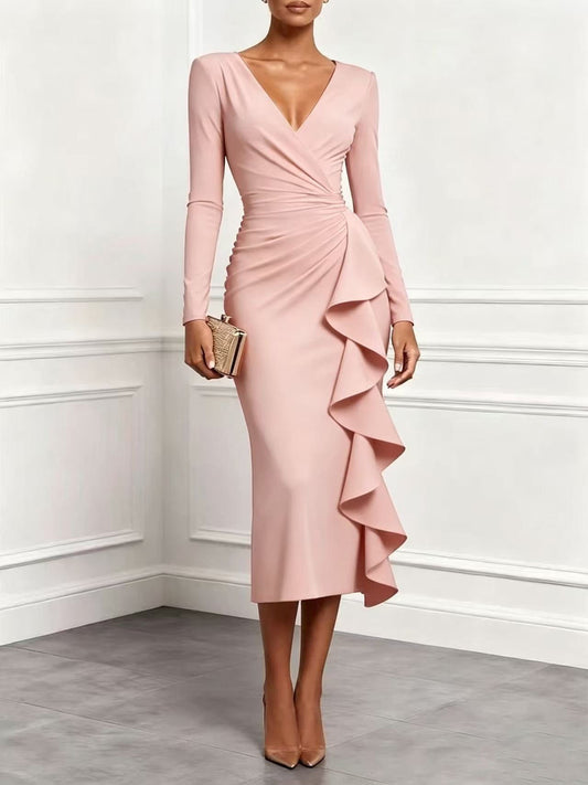 Women’s Solid Blush‑Pink Wrap Ruffle Ruched Long‑Sleeve Midi Dress - Pink / S