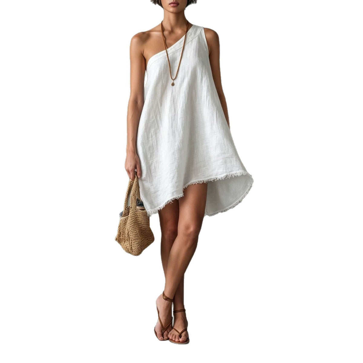 Linen One Shoulder Frayed Hem Asymmetrical Mini Swing Dress