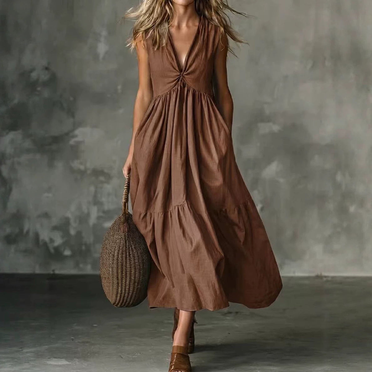 Twist Front V-Neck Sleeveless Pocket Textured Flowy Maxi Dress