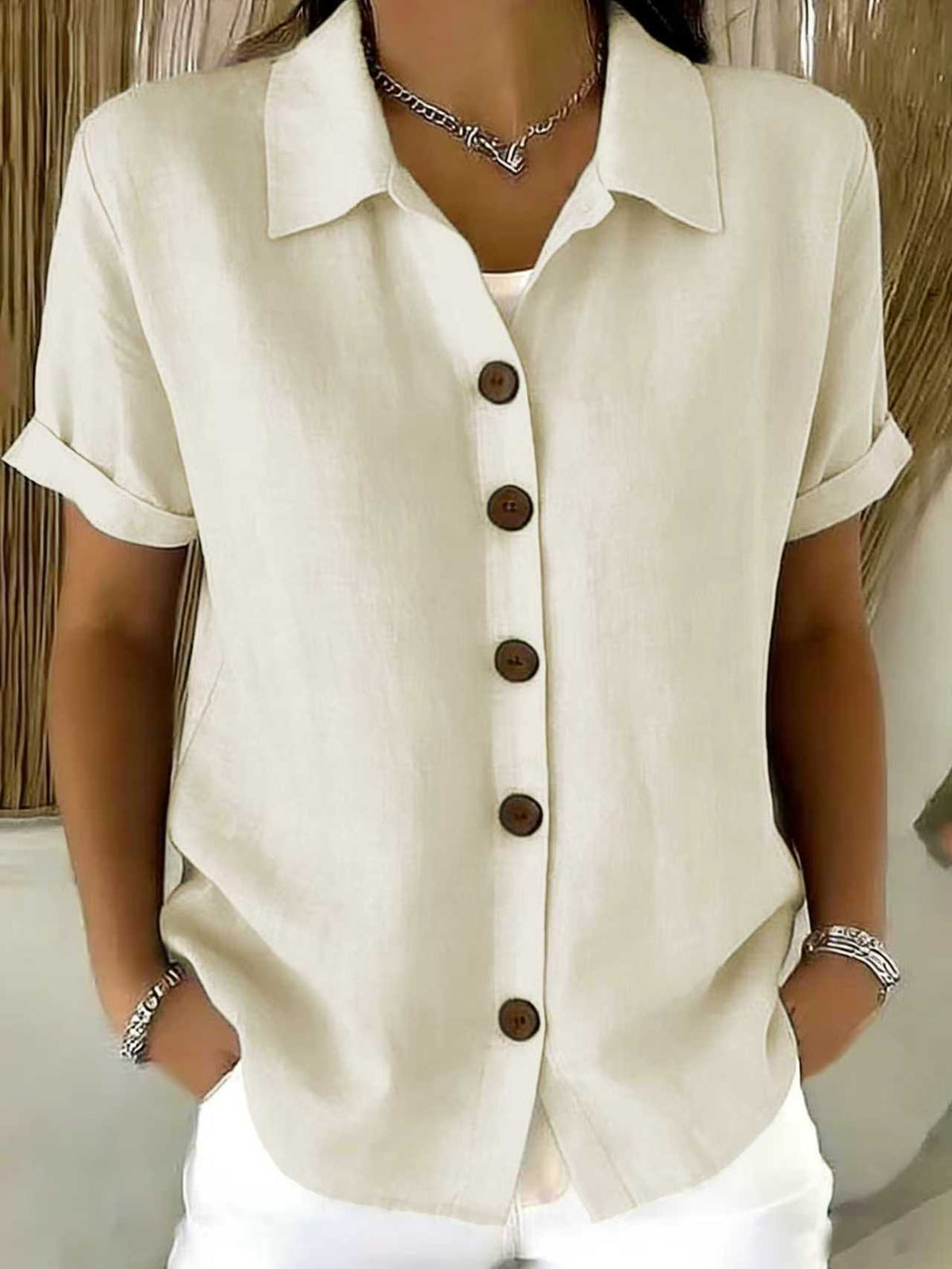 Chemise en lin à manches courtes pour femme, à col rabattu