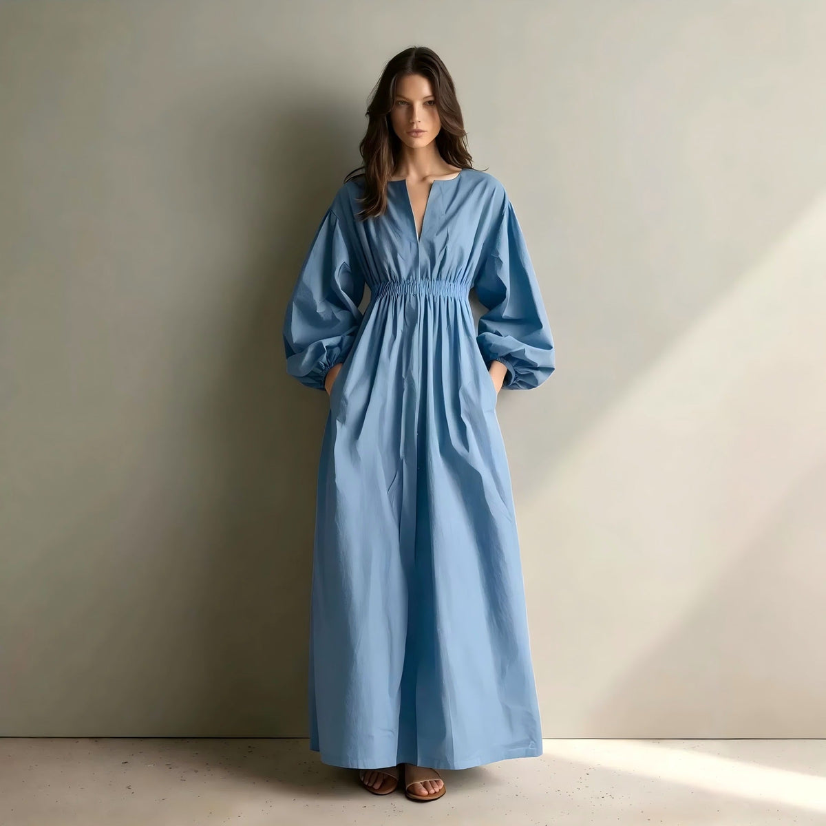 Poplin Split V Balloon Sleeve Smocked Waist Maxi Dress
