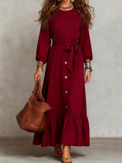 Button‑Front Tie‑Waist Tiered Ruffle Maxi Dress