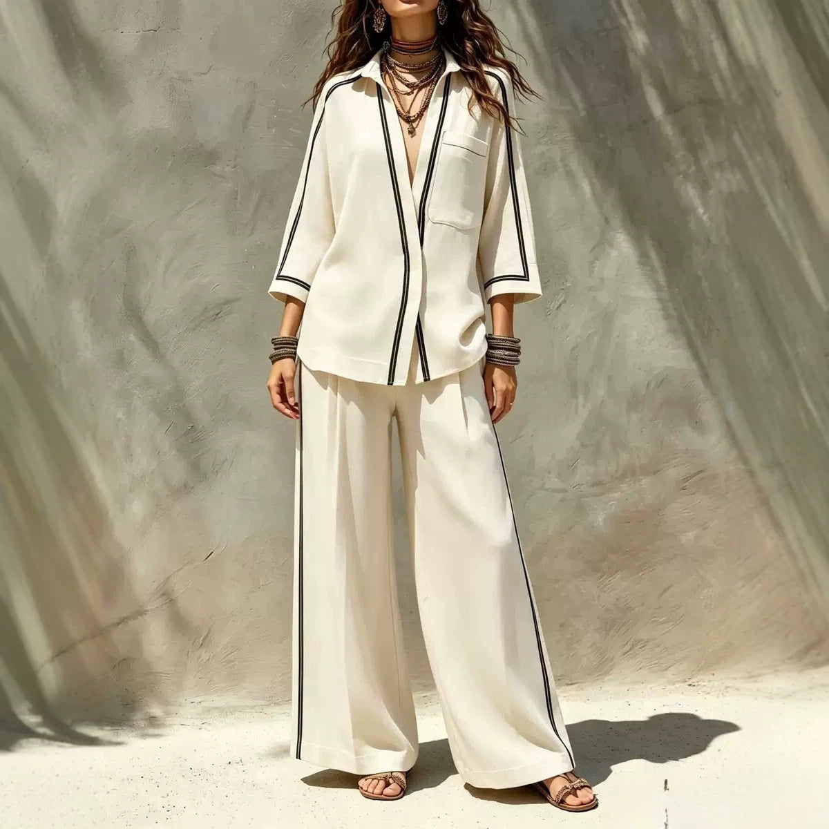 Ensemble deux pièces chemise à liseré contrastant et pantalon large