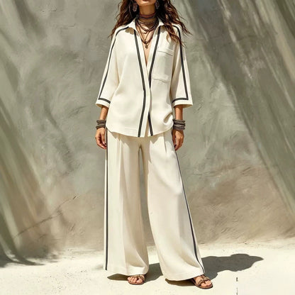 Ensemble deux pièces chemise à liseré contrastant et pantalon large