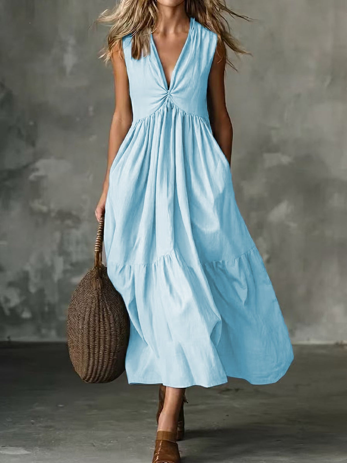 Twist Front V-Neck Sleeveless Pocket Textured Flowy Maxi Dress