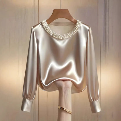 blouse femme ajustée à col perlé en satin luxueux, manches longues