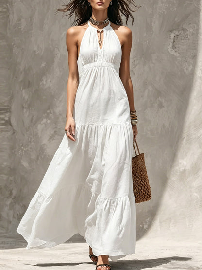 Halter Keyhole Neck Crinkled Tiered Maxi Dress