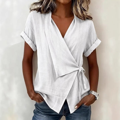 Wrap Tie Waist Linen Blend Short Sleeve V-Neck Blouse