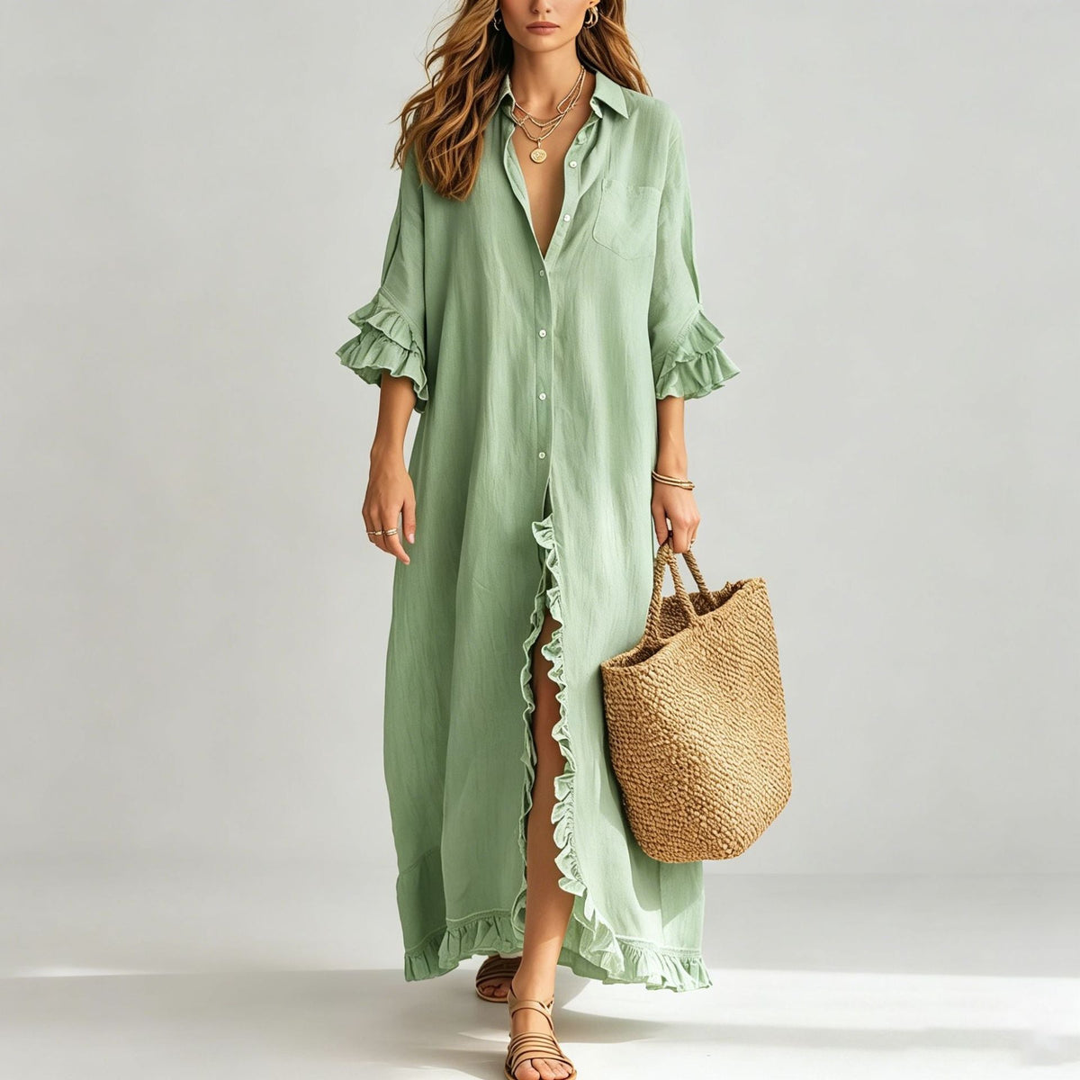 Linen Ruffle Trim 3/4 Sleeve Shirt Maxi Dress