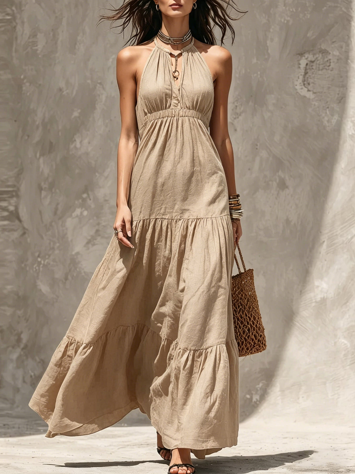 Halter Keyhole Neck Crinkled Tiered Maxi Dress