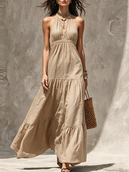 Halter Keyhole Neck Crinkled Tiered Maxi Dress