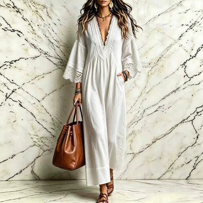 Robe longue bohème en dentelle et col en V pour femme, ample, manches 3/4, pour la plage ou les vacances
