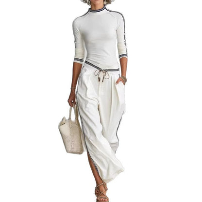 White Contrast Strip Trim Mock Neck 3/4 Sleeve Top