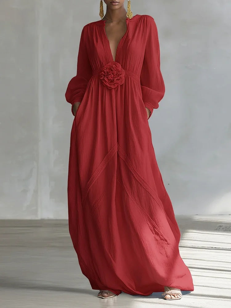 Long Puff Sleeve Textured Fabric Flowy Wedding Guest Dress with Side Pockets