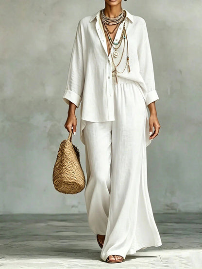 Contrast Trim Linen Shirt Wide Leg Pants 2 Piece Set