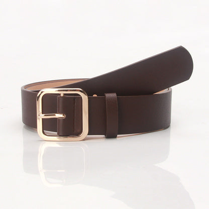 Women’s Minimalist Square Metal Buckle Leather Belt Casual Solid Waist Cinch Belt - Gold buckle brown