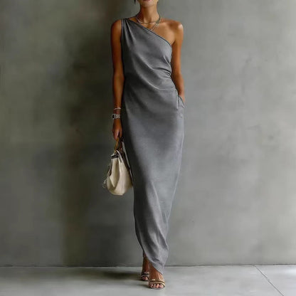 Solid Color Satin Slant Shoulder Drape Slim Long Dress