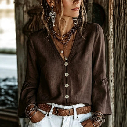 V-Neck Button-Front Bell Sleeve Blouse