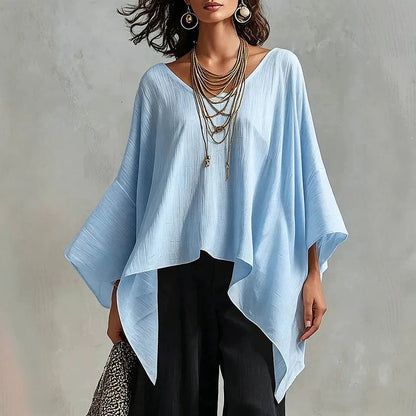 Women's V-neck 3/4-sleeve Casual Loose Cotton-linen Top