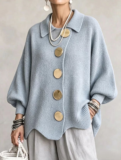 Oversized Collared Knit Cardigan With Large Metal Buttons