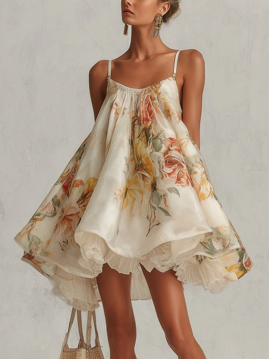 Women’s Vintage Floral Print Spaghetti‑Strap High‑Low Ruffle Mini Dress