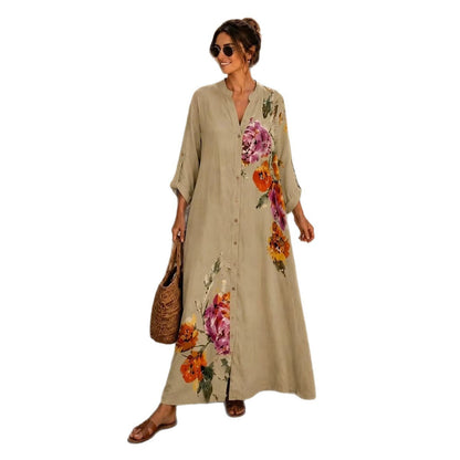 Floral Print Linen Button Down Maxi Dress