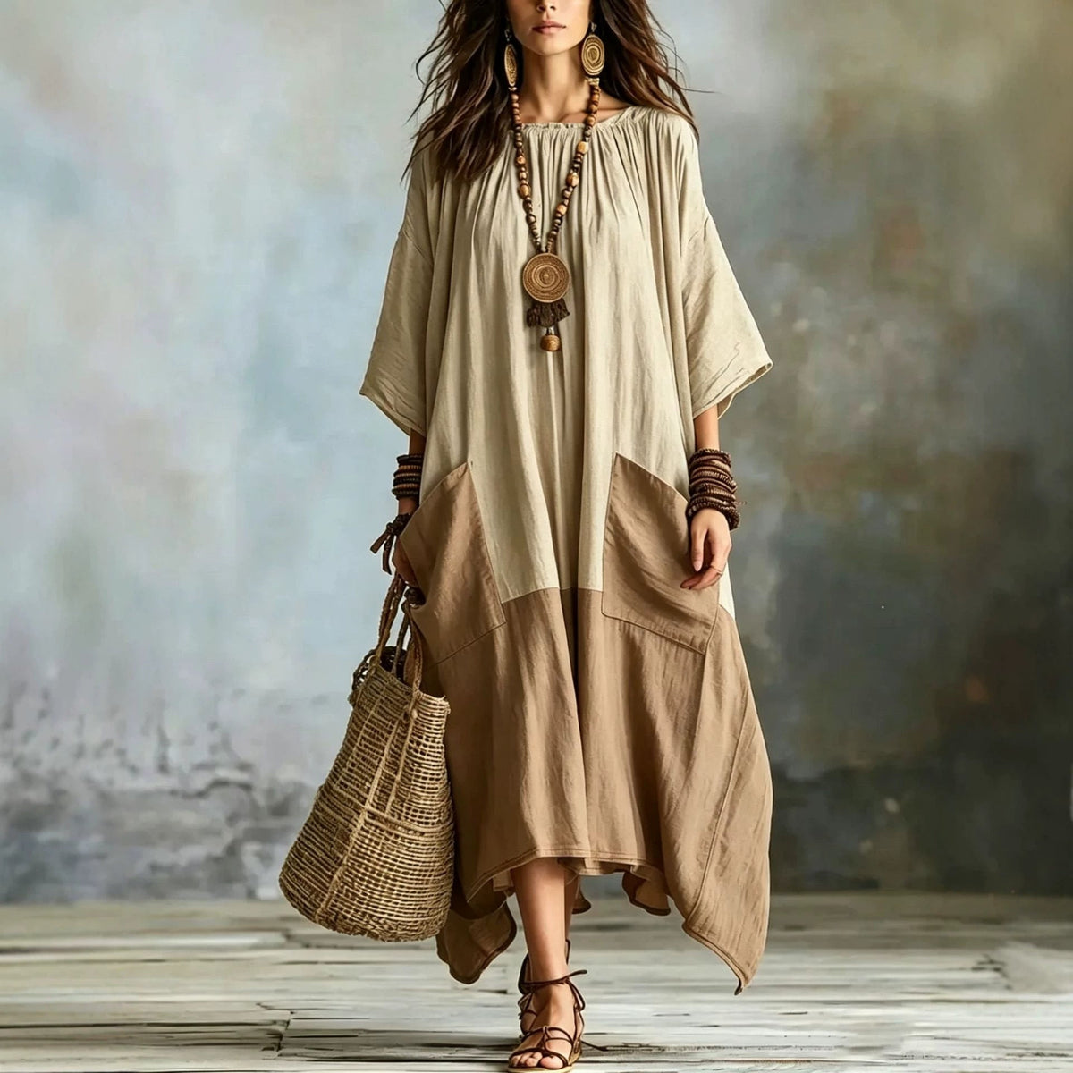 Color Block 3/4 Sleeve Round Neck Linen Blend Irregular Hem Maxi Dress With Pockets